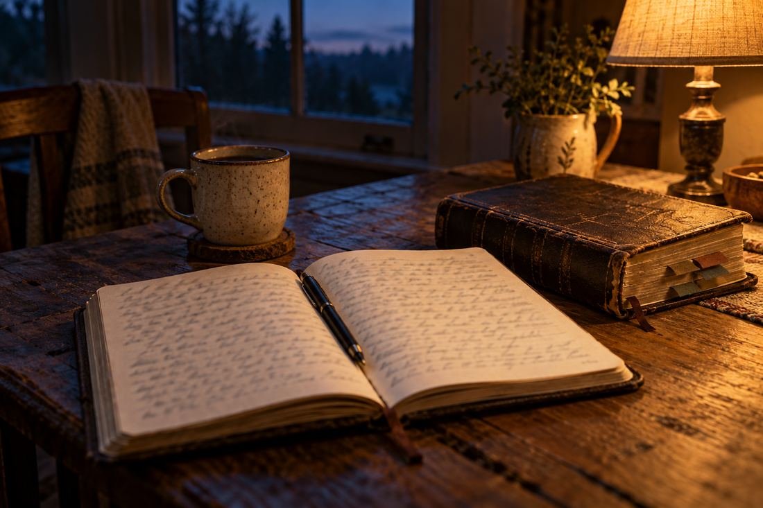 An open prayer journal, a Bible and a mug on a kitchen table before dawn.