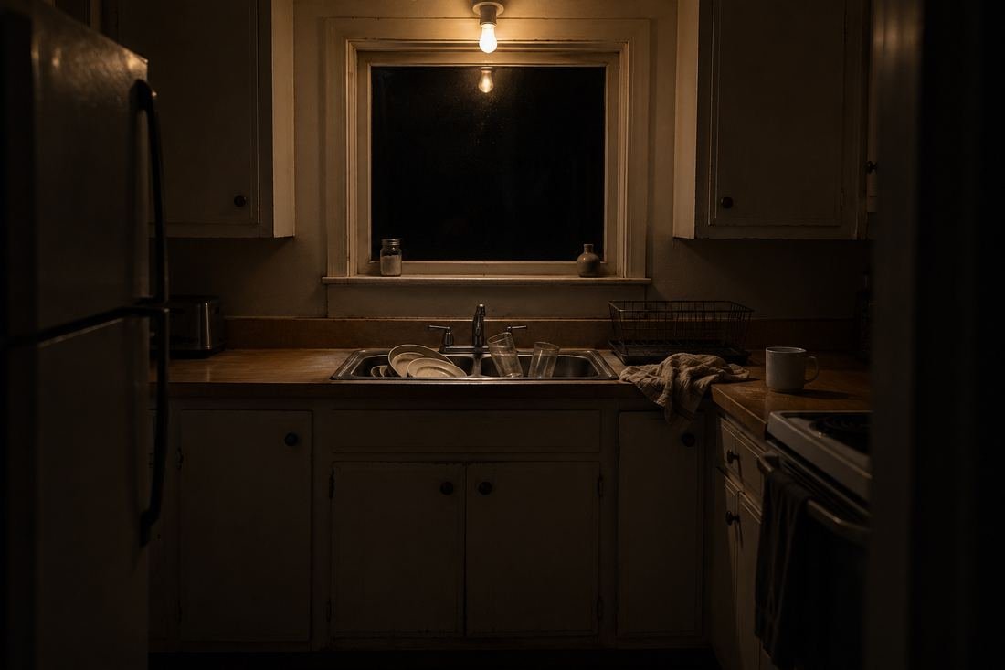 A quiet kitchen late at night, dishes drying by the sink, darkness outside the window.