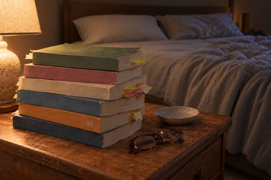 A stack of worn marriage and prayer books on a bedside table beside an empty side of the bed.