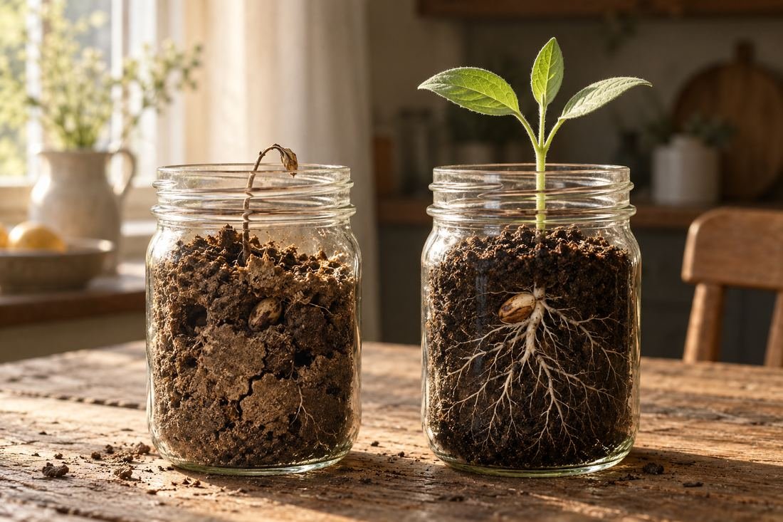 Two glass jars after thirty days: the seed that was dug up daily is dead; the seed left alone has rooted and sprouted.