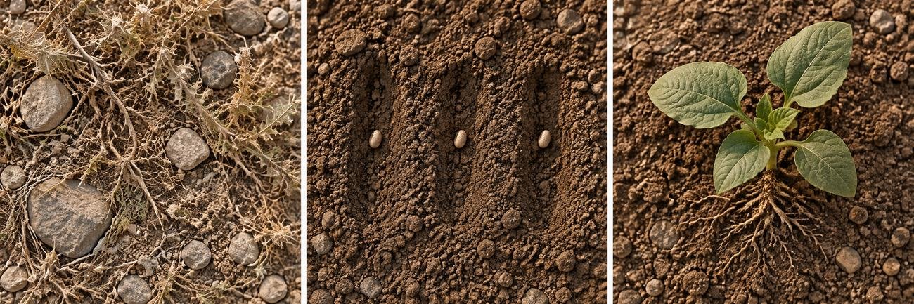 Three stages of soil: rocky and full of thorns, then cleared with seeds sown, then holding a young plant.