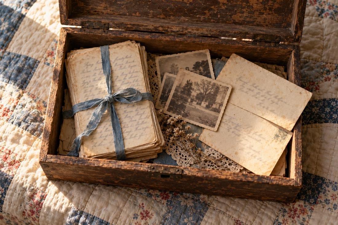 An old wooden box open on faded quilts, holding yellowed handwritten pages tied with a blue ribbon.